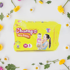 0973 Medium Champs Dry Pants Style Diaper - Medium (5 pcs) Best for Travel Absorption, Champs Baby Diapers, Champs Soft and Dry Baby Diaper Pants (M, 5 Pcs )