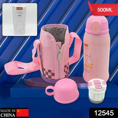 Premium Stainless Steel Insulated Sipper Bottle Print Water FlaskCartoon Vacuum Hot Cold For Kids / Travelling Water Bottle for Kids with Pop up Straw,  Double Wall Thermos with Straw & Bottle Zippe Cover For office/Gym/School (500 ML)