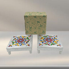 2 Pc Meenakari Wooden Chowki & Bajot Set: For Home & Office Puja (Multicolor)
