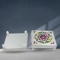 2 Pc Meenakari Wooden Chowki & Bajot Set: For Home & Office Puja (Multicolor)