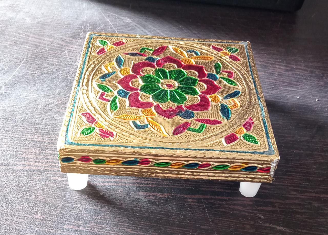 Handicraft Wood Chowki for Pooja , Wooden Bajot for Sitting, Multipurpose Stool (Multi color) (2 Pc Set)