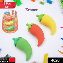 3D Fancy & Stylish Colorful Chili Shape Erasers, Mini Eraser Creative Cute Novelty Eraser for Children Eraser Set for Return Gift, Birthday Party, School Prize, (3 pc Set)